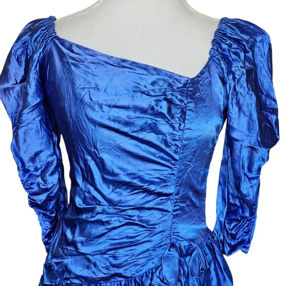 80s Size 8 Blue Formal Dress Gown‎ Prom Shiny Satin Assymetrical Puff Sleeve - Picture 3 of 14